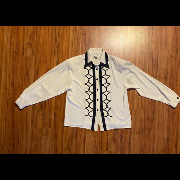 Tess Vintage Women’s White/Navy Button Blouse Size 10 - Picture 2 of 16
